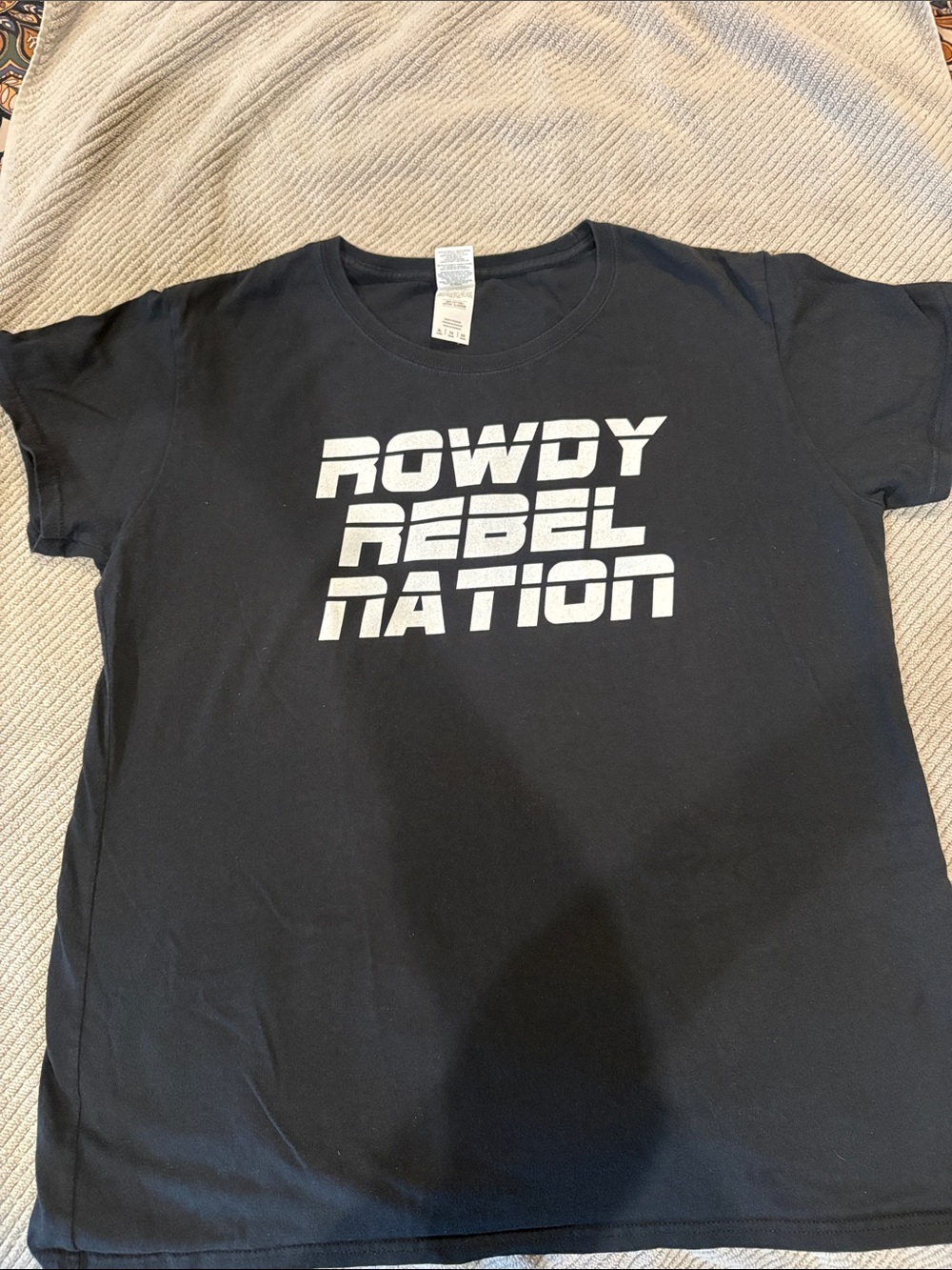 Gildan Black Tee with White 'Rowdy Rebel Nation' Graphic